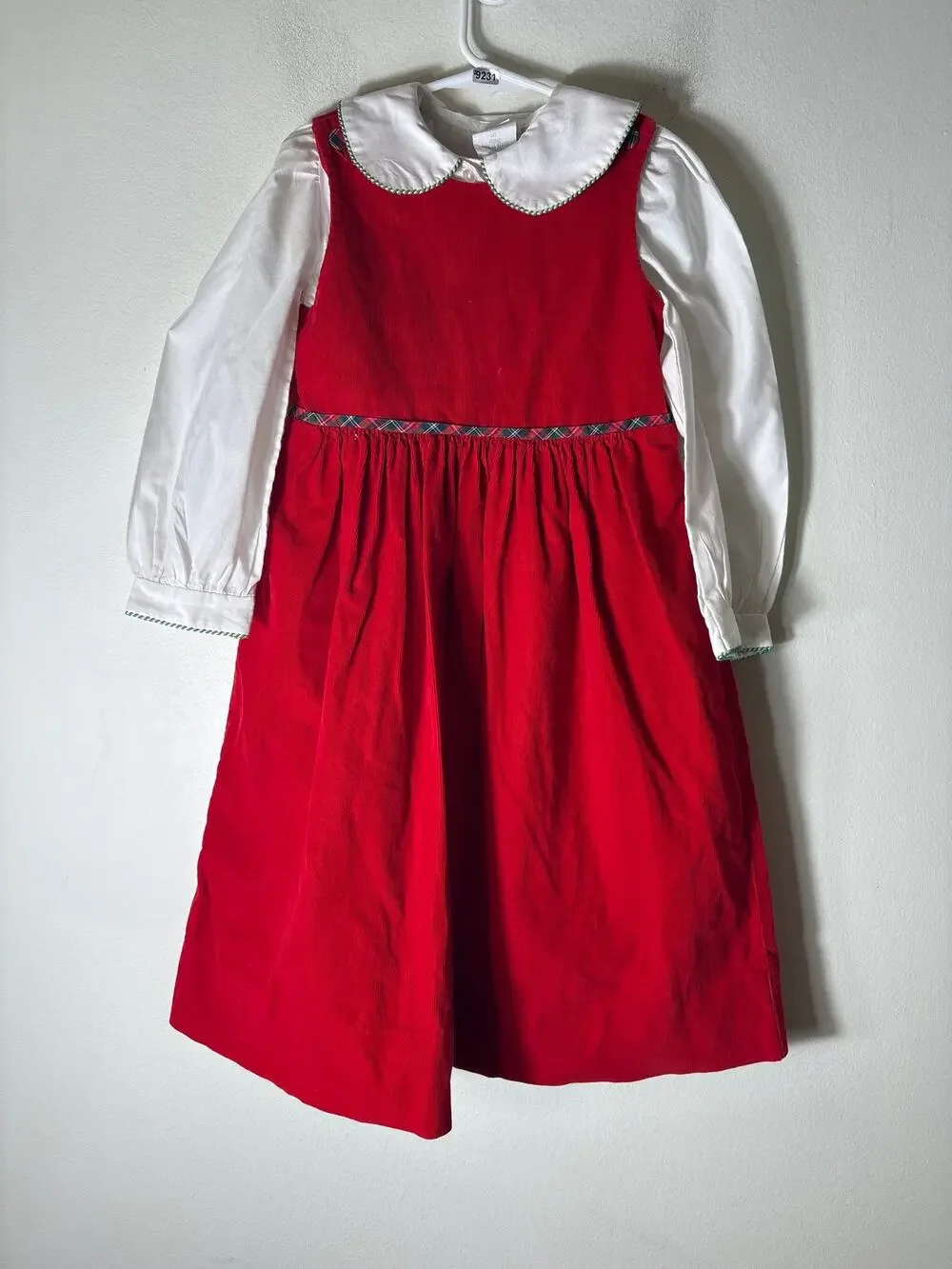Girls Vintage Red Corduroy Dress with White Blouse Covered buttons Sz 5